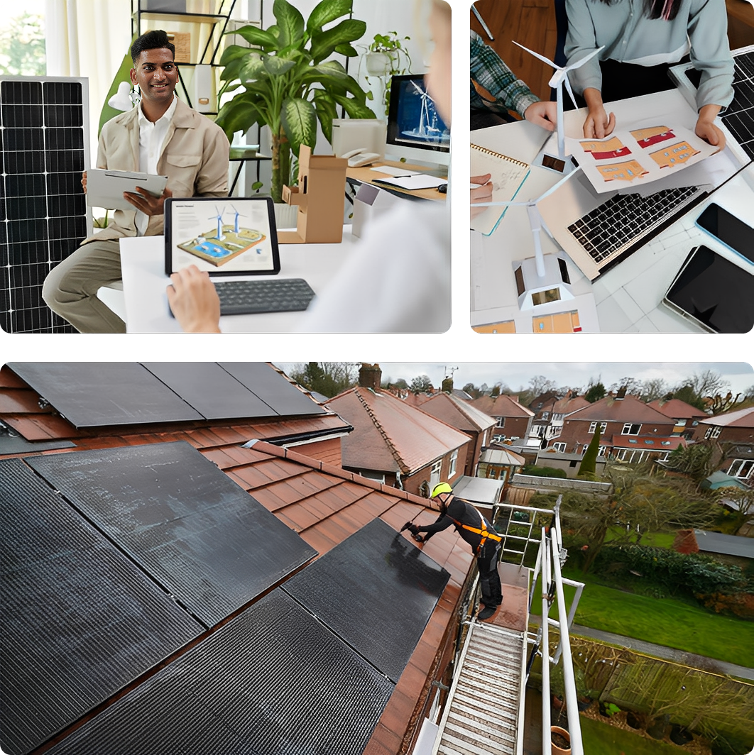 Worker installing solar panels on roof