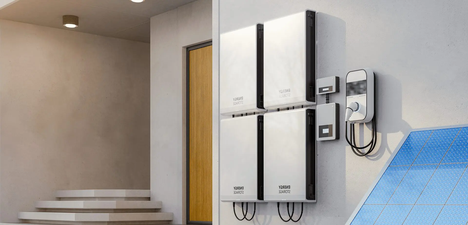 Two sleek white electric water heaters mounted on a wall near a wooden door.