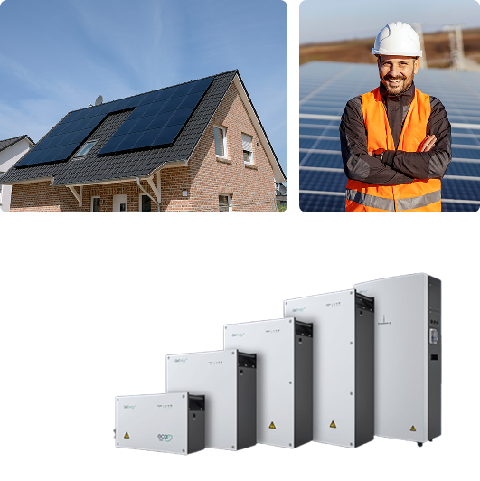 Solar panels on a house with an installer and battery storage units.