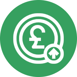 Green icon with a white British pound symbol and an upward arrow.