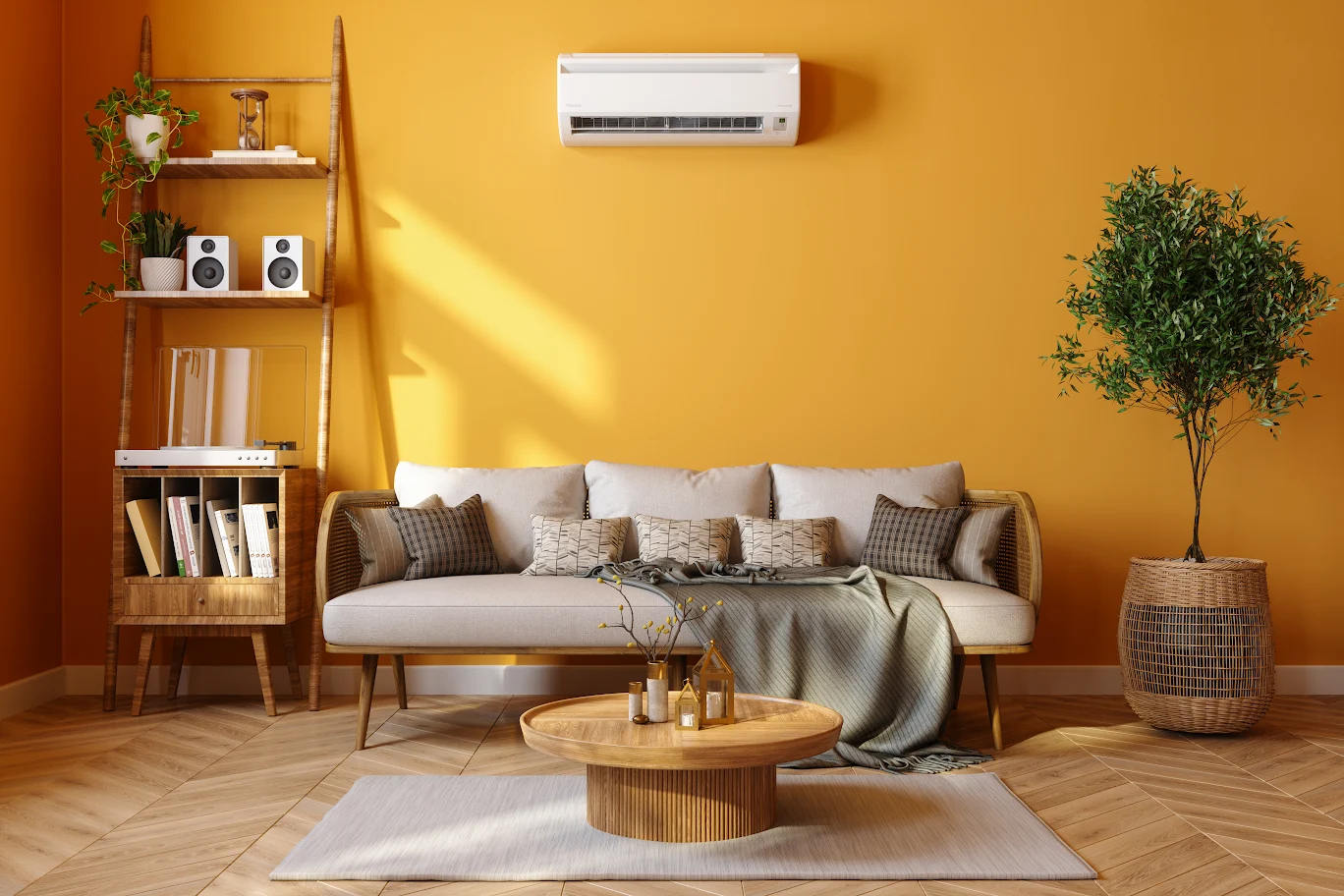 Cozy living room with yellow walls, a gray sofa, and wooden furniture.