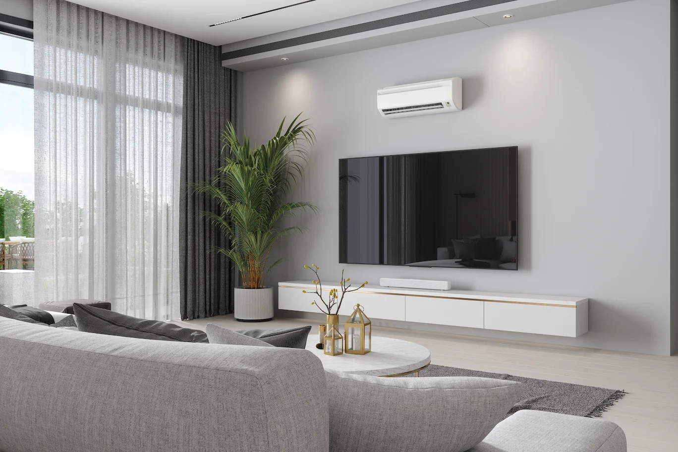 Modern living room with wall-mounted TV and air conditioner.