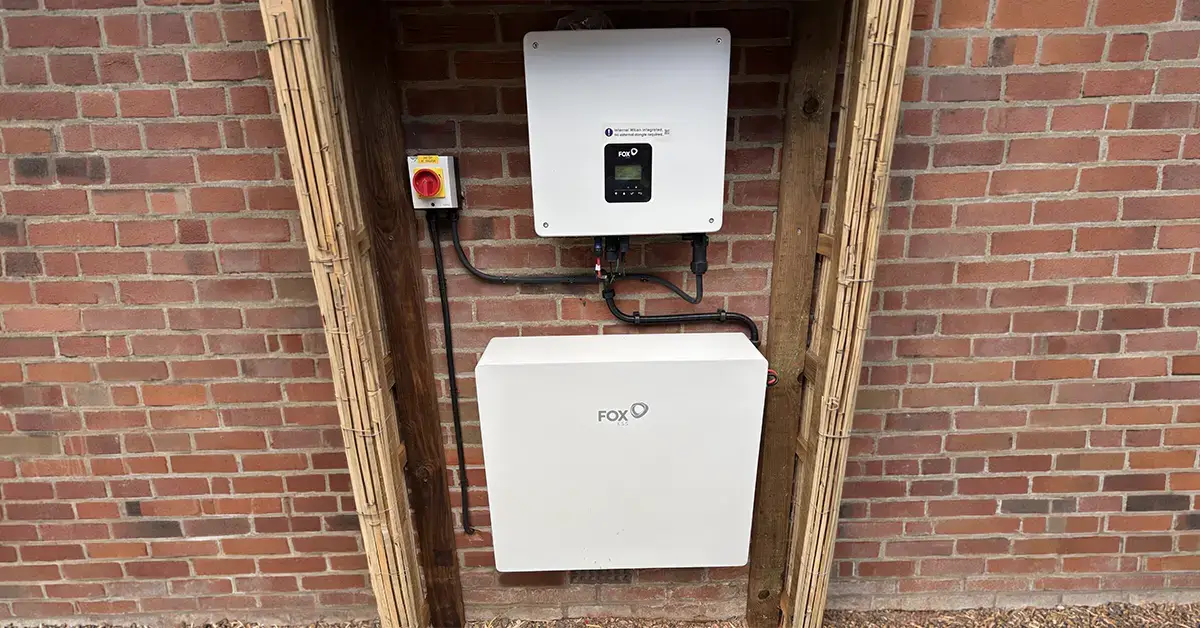 Wall-mounted inverter and Fox ESS battery installed as part of a home energy storage system.
