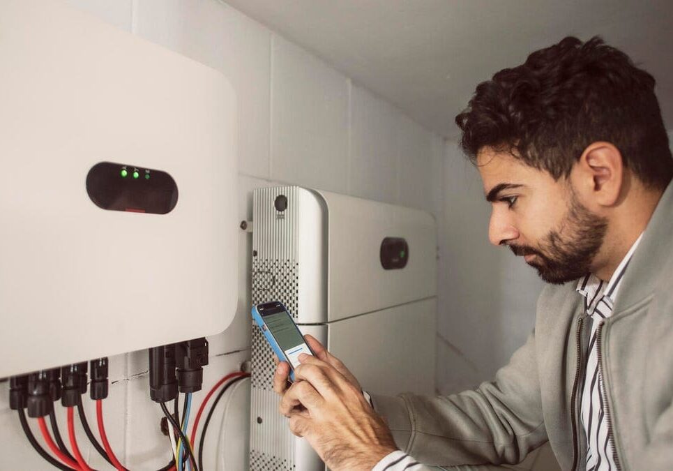 Technician checking and programming an electrical device with a smartphone.